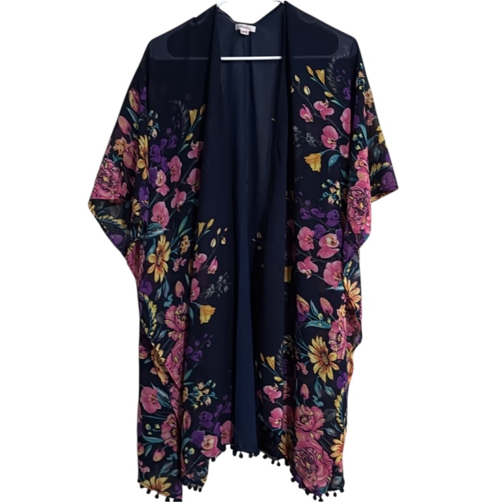 Pinky Navy Blue Sheer Kimono Women's One Size Floral, Beach, Vacation, Summer